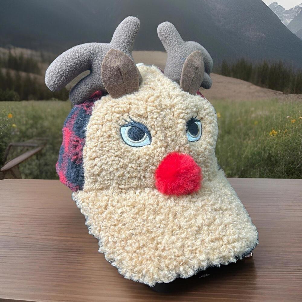 Reindeer Red Nose Hat Sherpa Fluffy Antlers Ears Animal Christmas Winter Warm